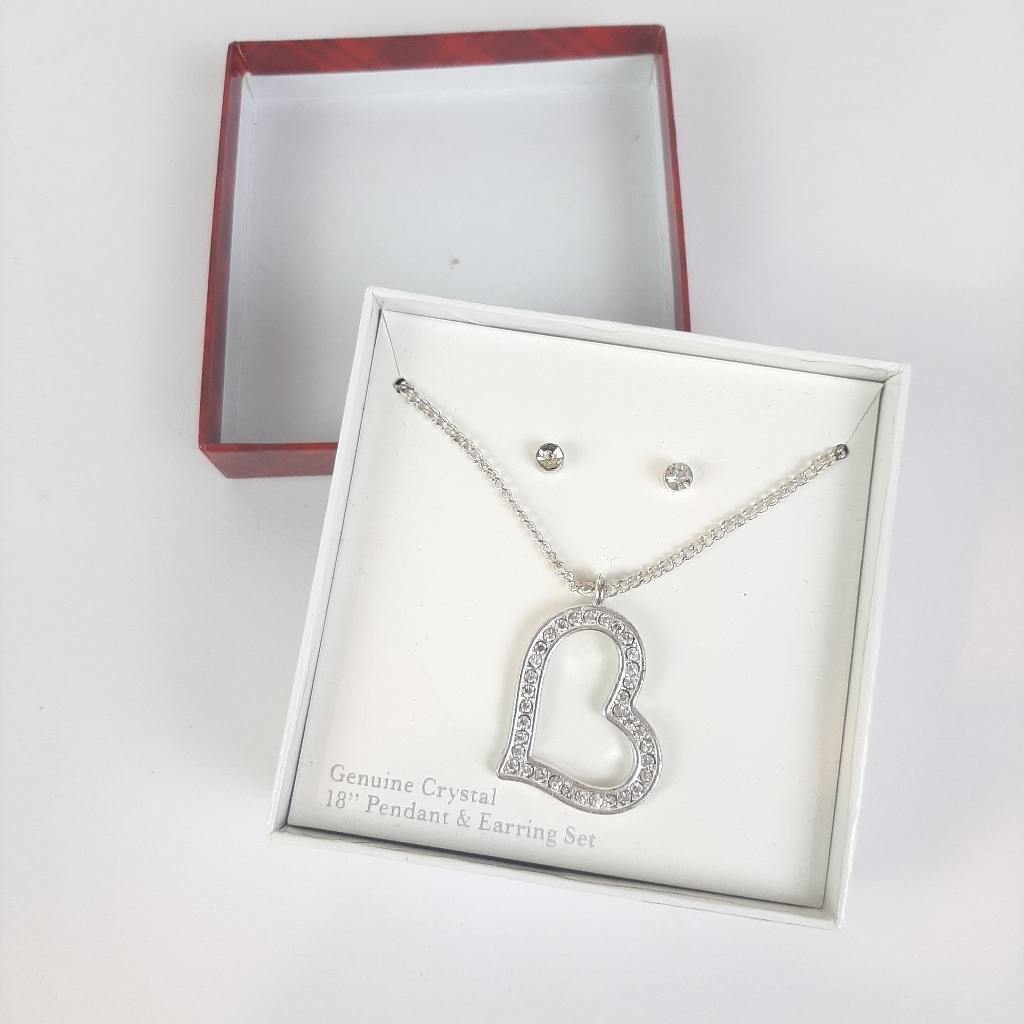 18" "Follow Your Heart" Genuine Crystal Heart Pendant Necklace And Earrings